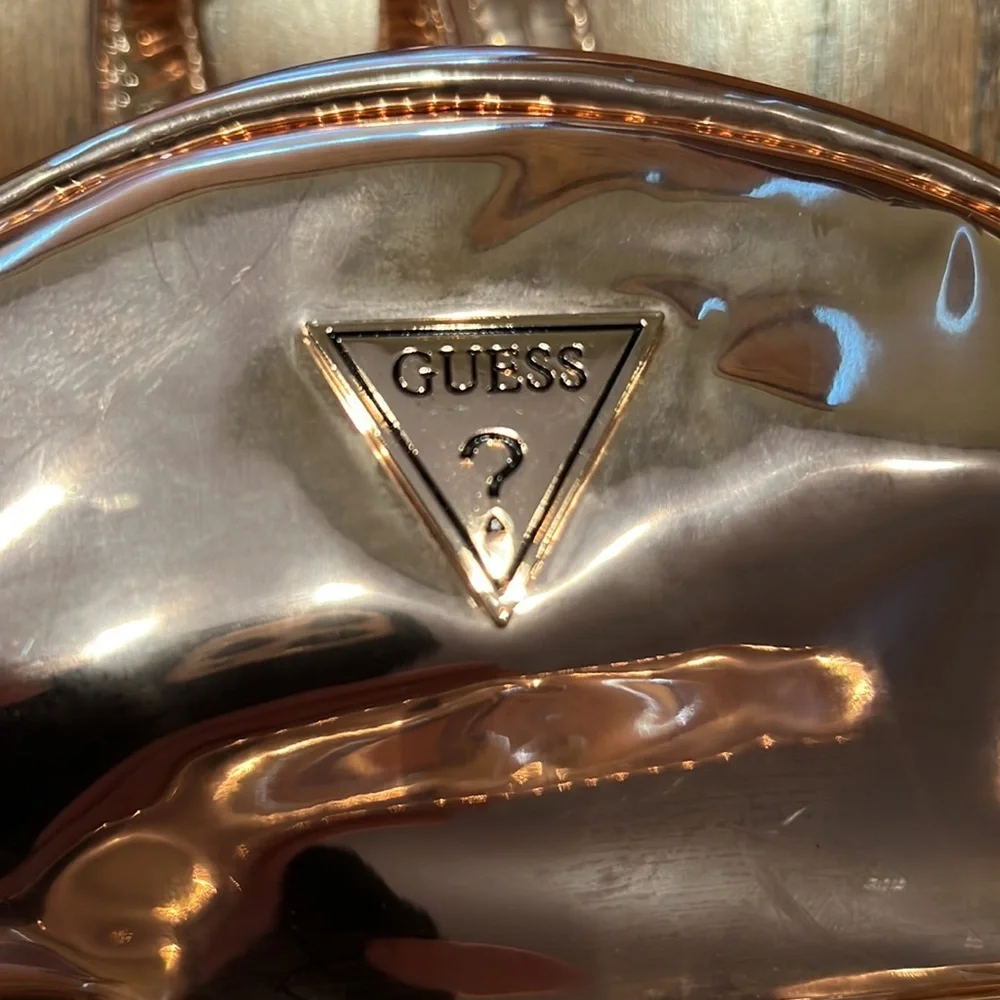 Guess Faux Leather Small  Backpack In A Shiny Rose Gold Colored